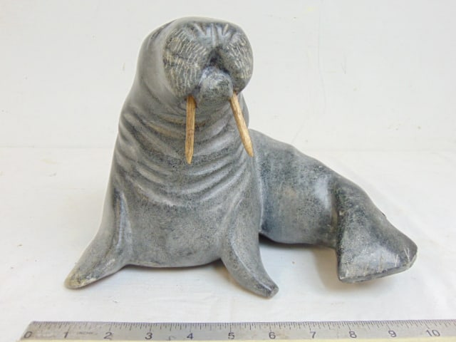 Inuit stone carved walrus, signed & "Canada Eskimo Art Esquimau" label, 10.5" wide, 9" deep, height (1 of 7)