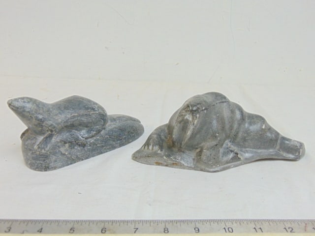 2 Inuit stone carvings, beaver & walrus, beaver has Eskimo Art label, signed illegibly, walrus is (1 of 7)