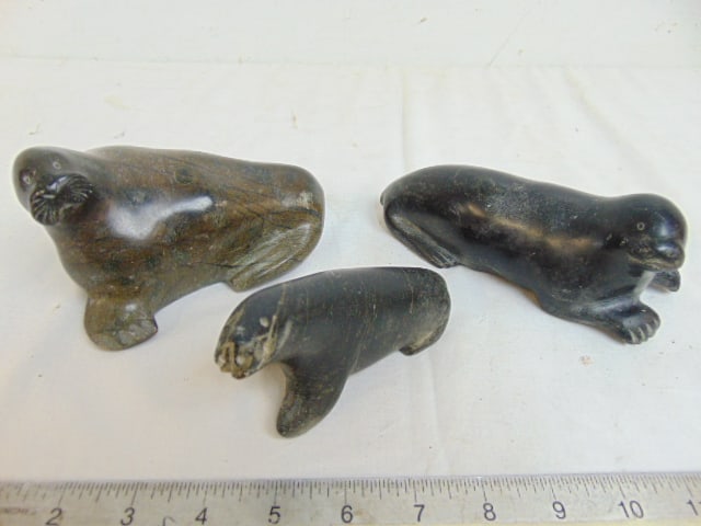 3 small Inuit stone carvings, 2 seals, one has Eskimo Art label, 6.5" long & small walrus, has (1 of 10)