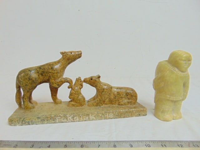 2 Inuit carved stone pieces, figural carving, mother carrying child in parka, signed Dick Kairtok,: 2 Inuit carved stone pieces, figural carving, mother carrying child in parka, signed Dick Kairtok, with Grenfell paper label, height is 5.75" & carving of three bears, signed Tukaiuk, 96, 11 3/8" long