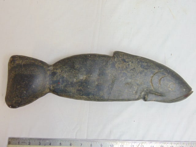 Inuit carved stone fish, black stone, fish is 18" long (1 of 4)