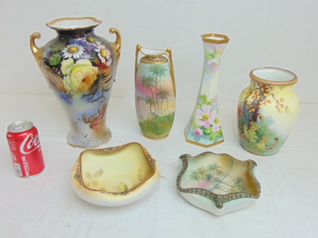 Lot Nippon & Noritake porcelain, 4 vases & 2 bowls, all paint decorated with floral scenes, (1 of 7)
