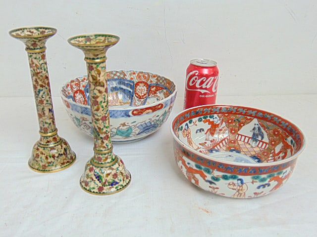2 cloisonne candle sticks & 2 Japanese Imari porcelain bowls, sticks are 8 3/8" tall, bowls are (1 of 8)