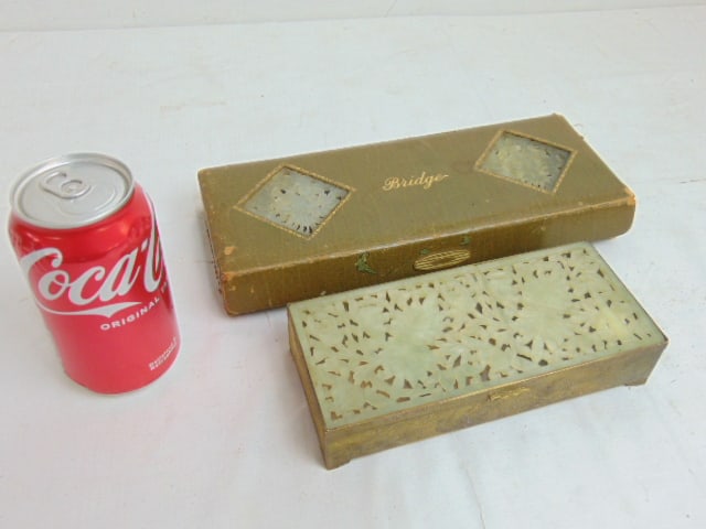 2 Jade lidded boxes, jade lidded brass box with three compartments, jade repaired & Jade & leather (1 of 10)