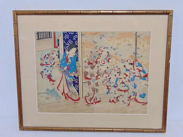 Japanese woodblock, various figures in kimonos, writing in left margin, print is 14" by 19", framed (1 of 7)