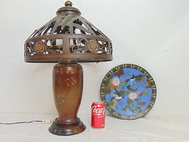 Cloisonne charger & table lamp with copper cloisonne base & shade, bird decorated charger is 12", (1 of 7)