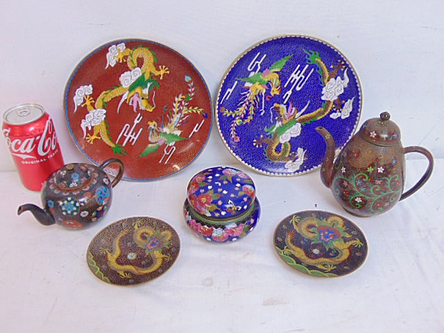 Cloisonne lot, 2 dragon decorated saucers, 4.5", 2 miniature teapots, floral decorated lidded jar &: Cloisonne lot, 2 dragon decorated saucers, 4.5", 2 miniature teapots, floral decorated lidded jar & 2 dragon decorated plates, 8 3/8" in diameter