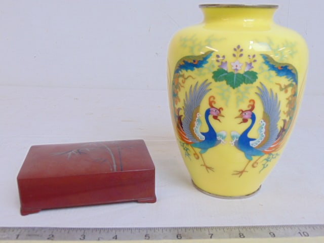 Bronze Japanese box & cloisonne vase, box has red patina and is decorated with silver & metal bamboo: Bronze Japanese box & cloisonne vase, box has red patina and is decorated with silver & metal bamboo shoots (mixed metal), signed Mitsuya, box is 4 7/8" by 3 3/16", vase decorated with two exotic bird