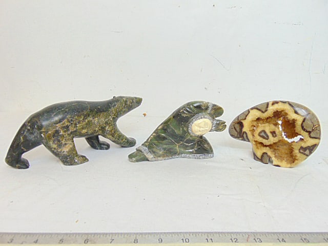 3 Inuit stone carvings, bear signed Towatugak, 10.25", Inuit figure with carved bone face signed (1 of 10)