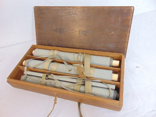 Set of three Japanese scrolls in wood box, landscapes, figure in boat. (1 of 12)