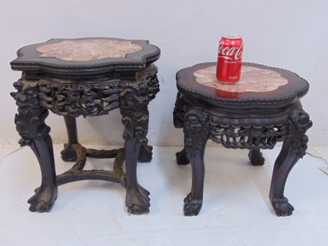 2 small Chinese marble top stands with carved wood bases, stands are 15.5" by 15.5", height is (1 of 7)