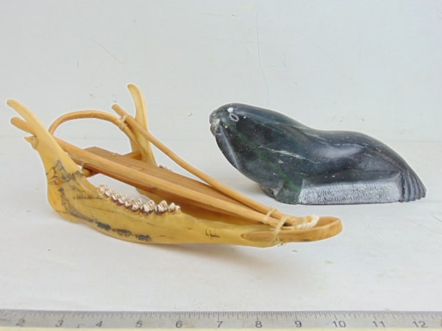 Two Inuit carvings, carved stone walrus signed Hareid (??), 10.5" long & Alaskan native dog sled (1 of 10)