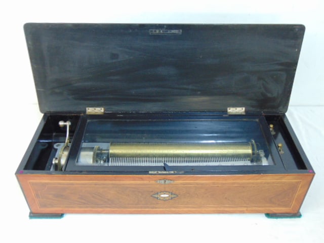 Large Swiss cylinder music box, 16 3/8" cylinder length, in excellent running condition, inlaid (1 of 9)