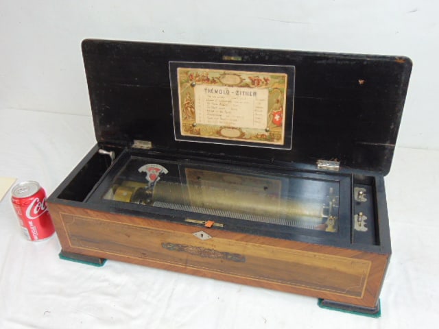 Swiss cylinder music box, "Tremolo-Zither", inlaid rosewood case with floral detail, original (1 of 8)