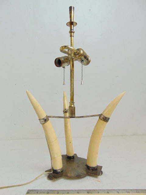 Decorative faux tusk & silver plated lamp base, three small faux tusks mounted on silver plated (1 of 6)