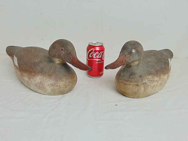 Pair wood decoys, ducks, glass eyes missing in one, other has one eye missing, in original paint, (1 of 6)