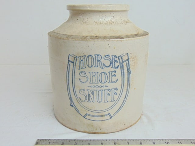 "Horse Shoe Snuff" primitive stoneware advertising crock 10.25" tall, diameter is 9", good condition (1 of 5)