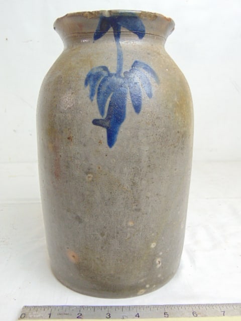 Solomon Bell stoneware jar, salt glazed, blue floral decoration, marked Solomon Bell, Strasburg, VA, (1 of 6)