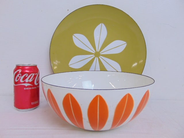 Vintage Cathrineholm orange & white bowl & green platter with white leaf decorations, bowl is 9.5" (1 of 5)
