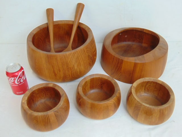 5 wood Dansk salad bowls, with serving fork & spoon, large salad bowl is 11.75" wide comes with 3 (1 of 6)