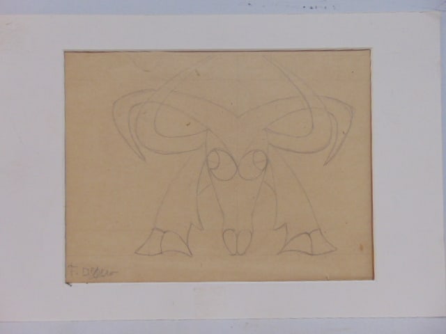 Pencil drawing, stylized ram or bull, Fortunato Depero, 8.25" by 10 3/8" (1 of 5)