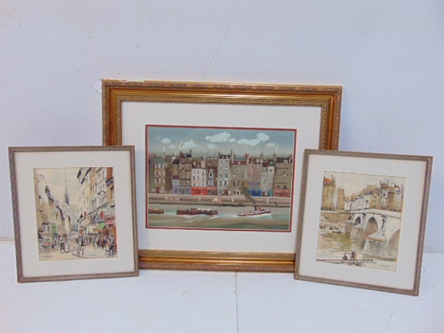Art lot, lithograph, "Le Remorqueur" by Michel Delacroix, 22" by 27" & 2 Parisian prints by Franz (1 of 7)