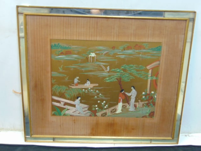 Decorative Chinese painting various figures, signed "Enila", gilt background, mirrored framed, 19" (1 of 5)
