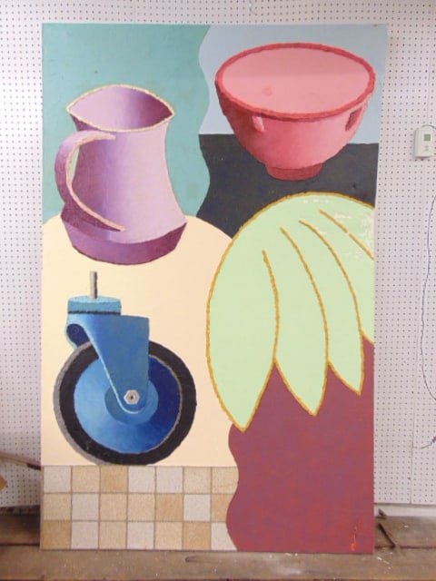 Large painting, "Out on a Financial Limb", by Scott Brodie, still-life with wheel, pitcher & bowl,: Large painting, "Out on a Financial Limb", by Scott Brodie, still-life with wheel, pitcher & bowl, 1981, oil on canvas, stretcher has break, 84.5" by 54"