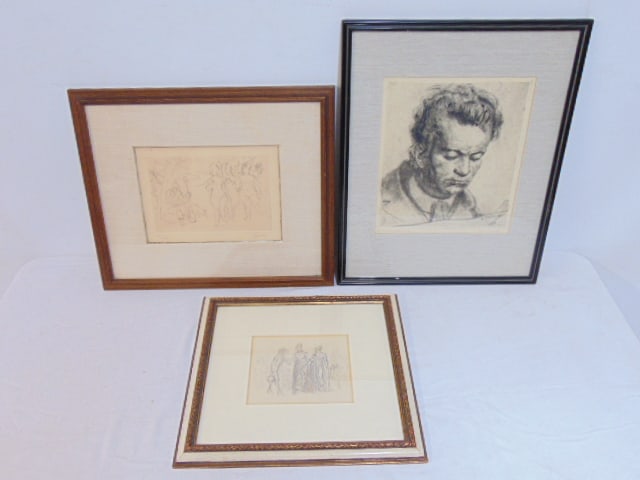 Art lot, etching, Jack Levine, three nude woman and shepherd, 7 3/8" by 10.25", small pencil: Art lot, etching, Jack Levine, three nude woman and shepherd, 7 3/8" by 10.25", small pencil drawing, three figures, unsigned, 5 5/8" by 6.75" & etching, portrait of Beethoven signed Romain Malfliet, 