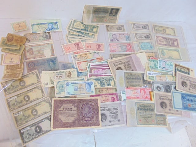 Lot vintage paper currency, includes early Italian, German, Polish, Algerian, Iran, more, large lot (1 of 9)