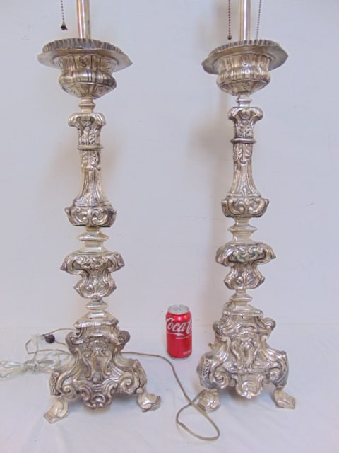 Pair silver plated Baroque style candlestick lamps, tripod base & floral detail, lamps are 36" tall, (1 of 8)