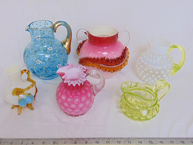 6 pieces of Victorian glass, Amberina type pink & leaf applied vase, floral hand painted pitcher (1 of 12)