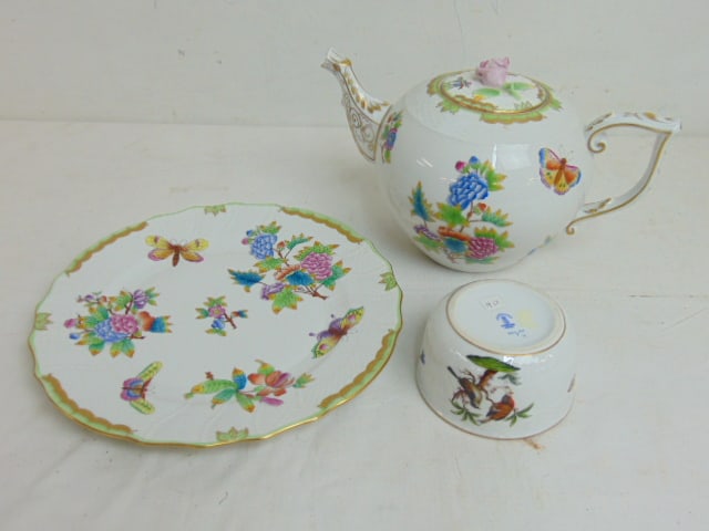 Herend porcelain teapot, plate & bowl, with floral & butterfly decorations, plate is 10.25" in (1 of 8)