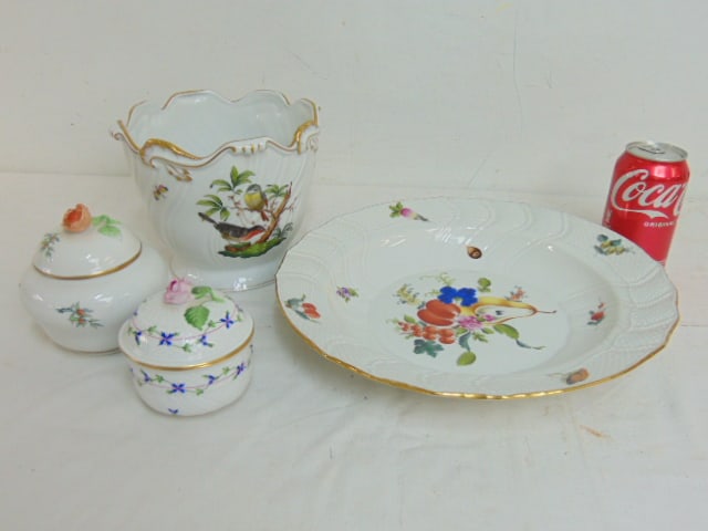 4 piece Herend porcelain lot, planter with bird & butterfly decorations, deep charger or bowl (1 of 11)