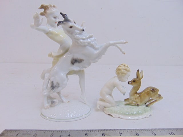 2 Hutschenreuther porcelain figurines, Faun with child & girl dancing with wolfhound, marked US (1 of 9)