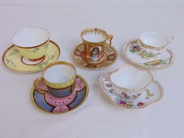 5 cups & saucers, Hache & Pepin Lehalleur floral decorated cup & saucer (small chip on bottom (1 of 11)