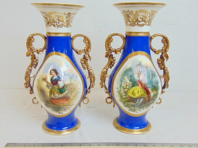 Pair of Paris porcelain vases with painted scenes on blue fields with gilt detail on edges & grape (1 of 7)