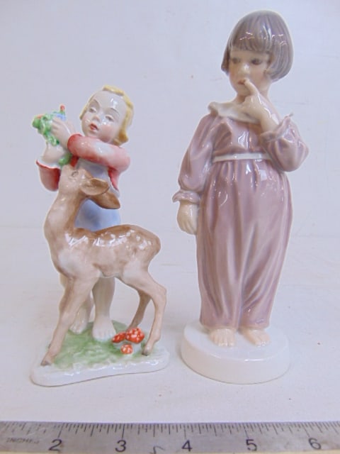 2 porcelain figurines, "Girl in Nightdress", Dahl-Jensen & Girl & Faun by Rosenthal, 7 5/8" & 6.5" (1 of 5)