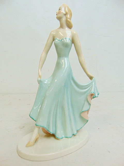 Hutschenreuther porcelain figure, art deco style figure of a woman in a green dress, 9 1/8" tall, in (1 of 5)