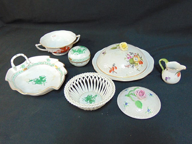 Lot Herend porcelain, covered dish, round covered trinket box, openwork basket bowl, leaf dish, (1 of 7)