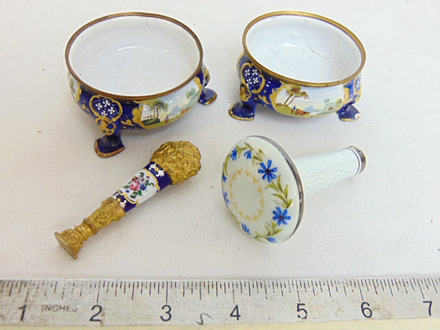 Lot Vienna enamel, two salts, silver enameled knob, handle & small bronze & enamel seal (?) (1 of 8)