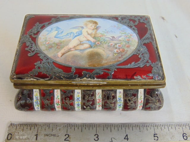 Silver & enamel snuff box with cherub decorated lid, as is, lid loose, several hairlines, 5" by (1 of 8)