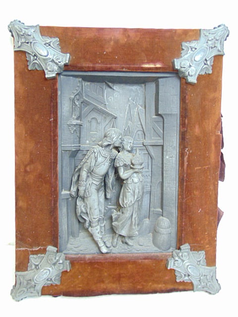 Framed Spelter relief plaque courting scene, musketeer & maid, in velvet lined frame with decorative (1 of 4)