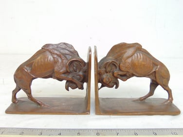 Pair bronze ram form bookends, "Real Bronze, Made in USA", 5.5" by 2 5/8", height is 4.25"