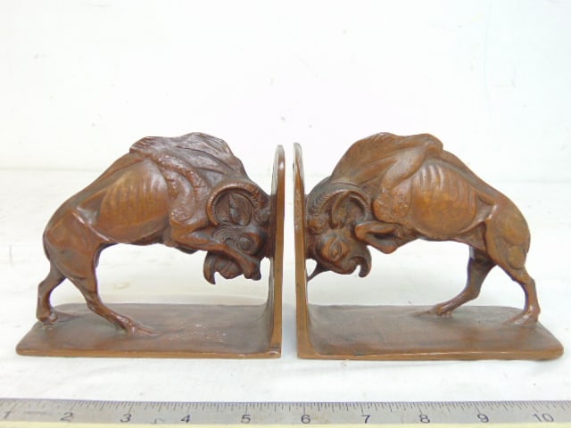 Pair bronze ram form bookends, "Real Bronze, Made in USA", 5.5" by 2 5/8", height is 4.25" (1 of 4)
