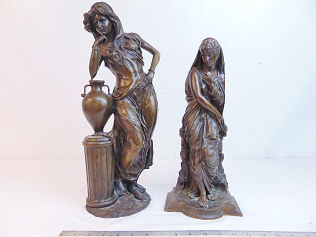 2 figural bronzes, maiden leaning on urn, "Bronze Masters" stamp & bronze Young lady leaning on (1 of 10)