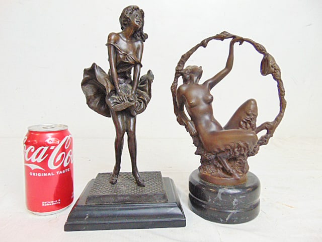 2 reproduction bronzes, Marilyn Monroe's Seven Year Itch Pose 11.75" tall & Nude Faun Woman: 2 reproduction bronzes, Marilyn Monroe's Seven Year Itch Pose 11.75" tall & Nude Faun Woman Reclining, after Georges Omerth