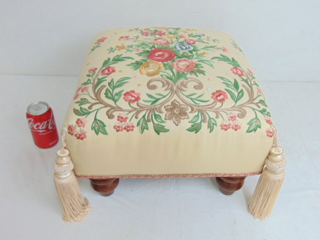 Footstool with floral embroidered upholstery, tassels, 15" by 15": Footstool with floral embroidered upholstery, tassels, 15" by 15"