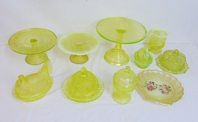 Collection Uranium glass, 10 piece lot including tazza's, covered bowls (chicken), plate, bowl, cup (1 of 10)