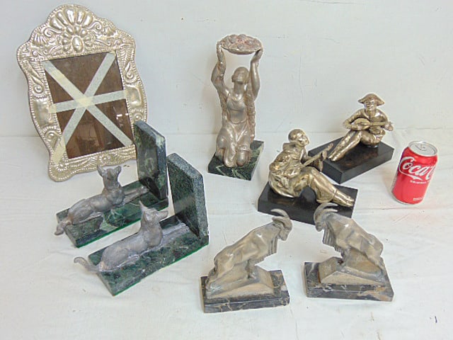Art deco bookends, figural & picture frame, includes "Joan of Arc" spelter figural on marble base (1 of 12)